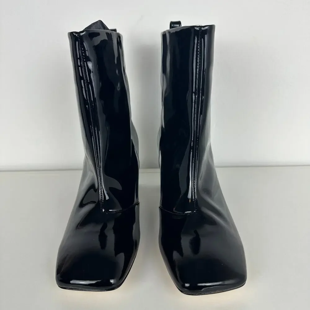 NWOB Good American Womens Pull-On Square Toe Black Patent Leather Ankle Boots 9